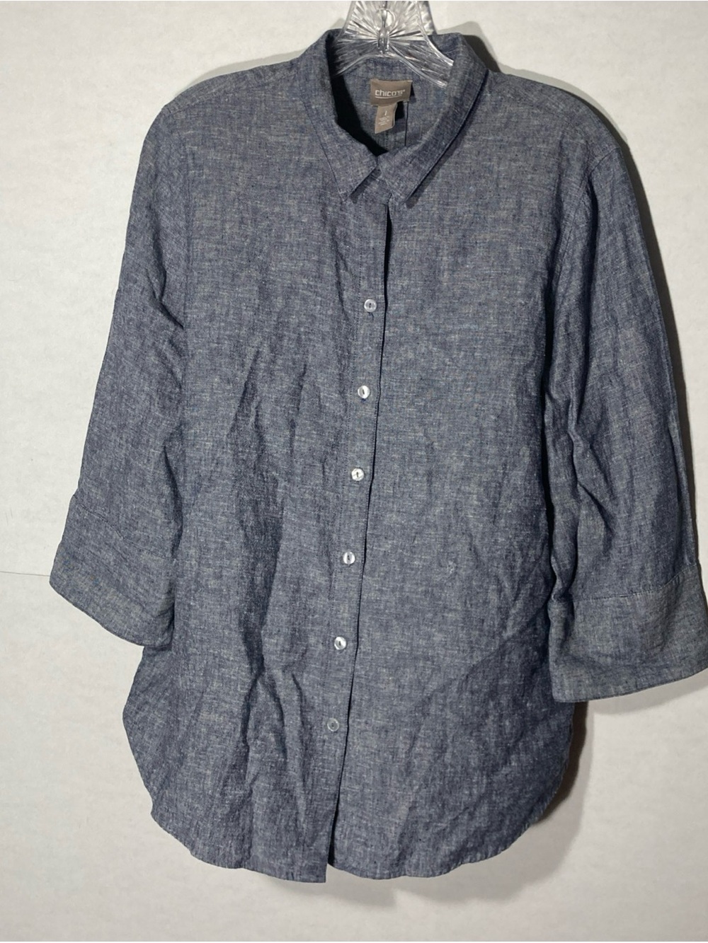 CHICO'S gray Chambry spread collar linen rayon 3/4 sleeves button up top 1/S